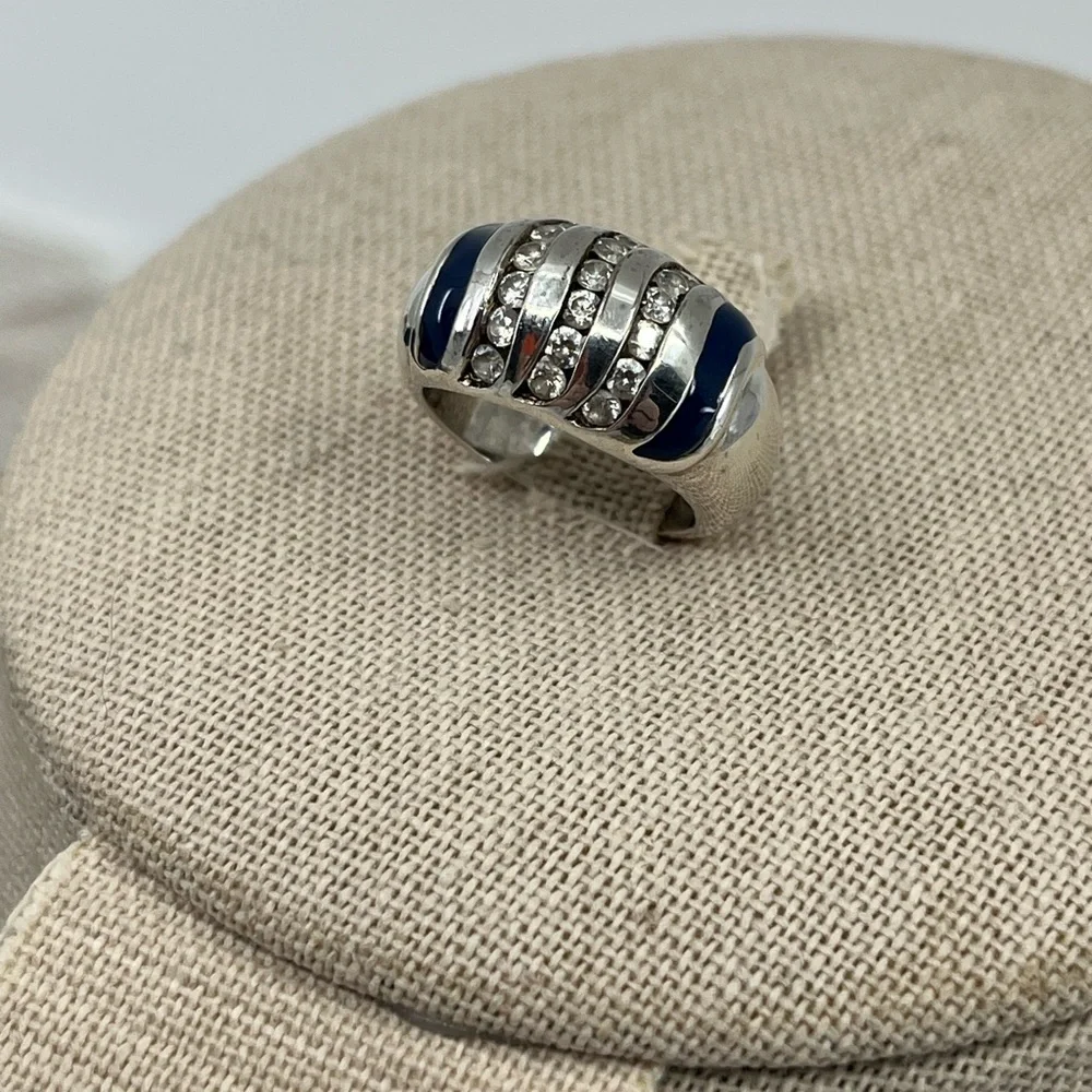 Vintage Sterling Silver Wide Band Ring with Enamel & CZ Accents Size 4.75
